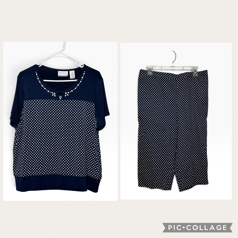 Alfred Dunner Petite Navy Blue Polka Dot 2 Piece Set Top & Capri Pants PL 12P